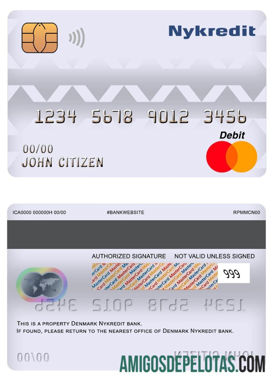 Cartão de débito mestre do Nykredit Bank da Dinamarca exemplo real